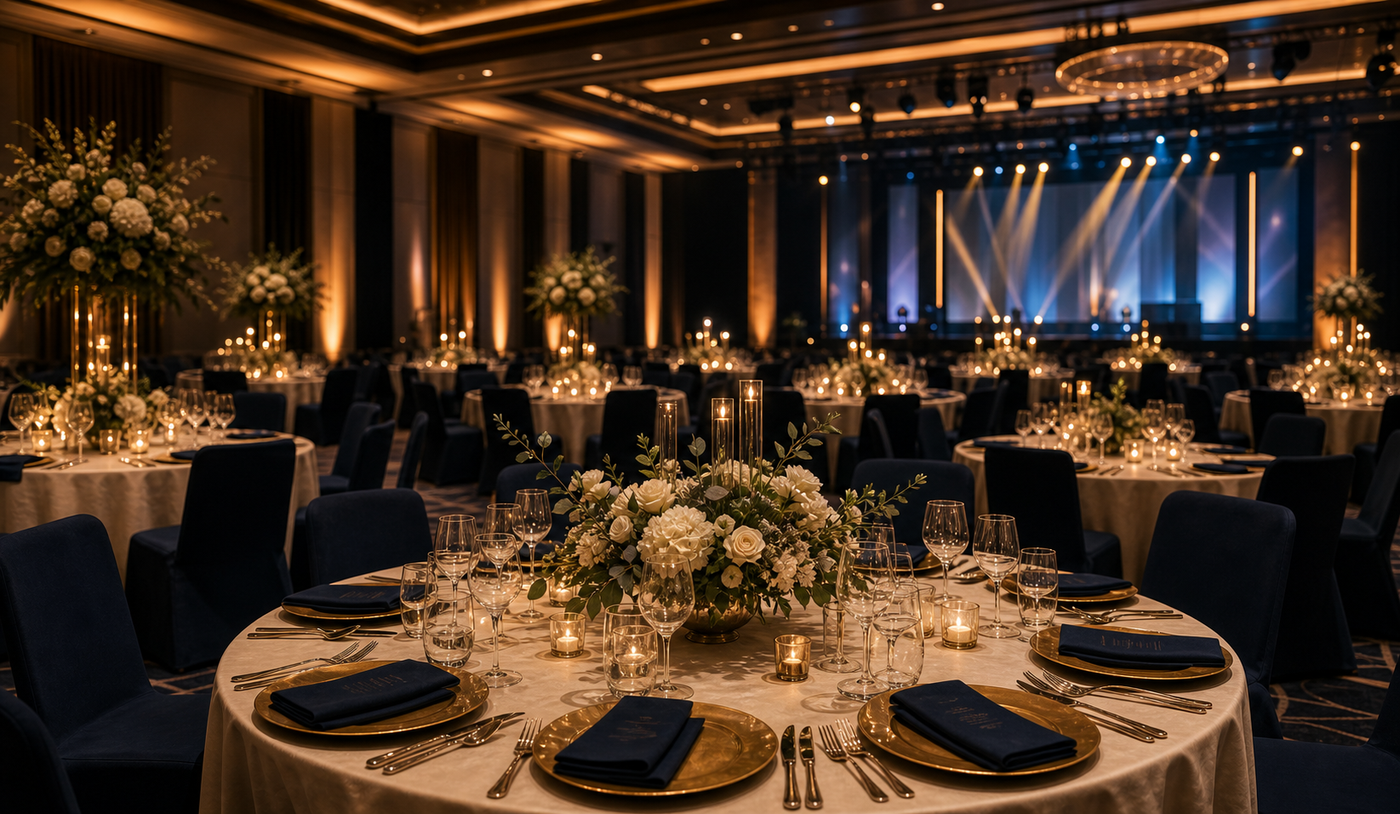 Gala Dinner Raum mit gedeckten Tischen