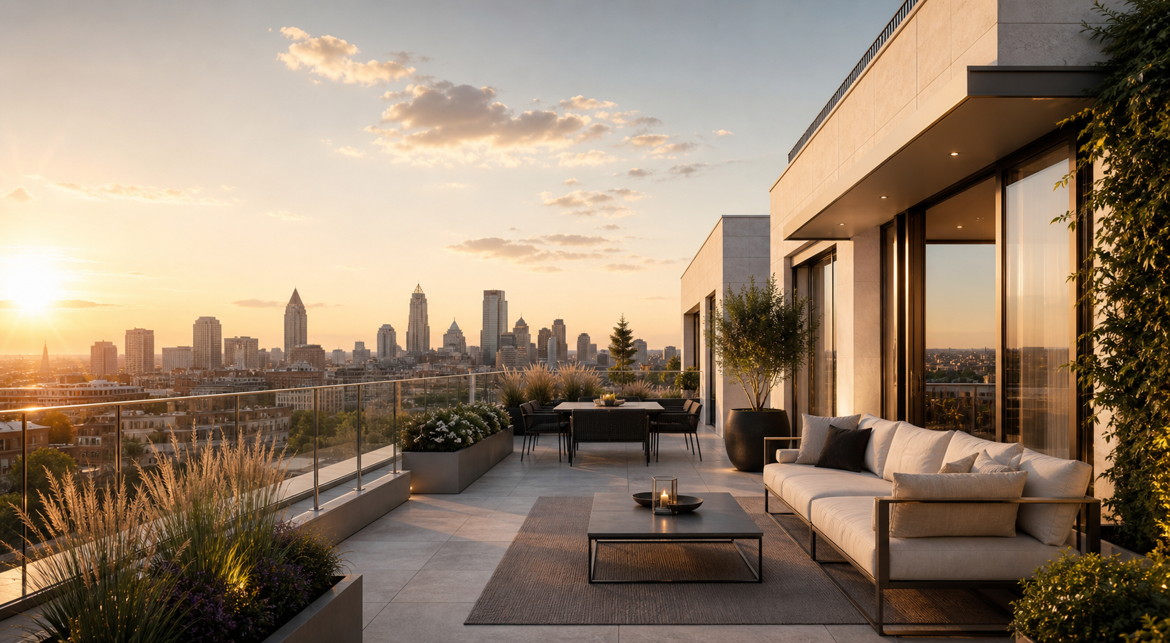 Penthouse Terrasse mit Stadtblick im Abendlicht