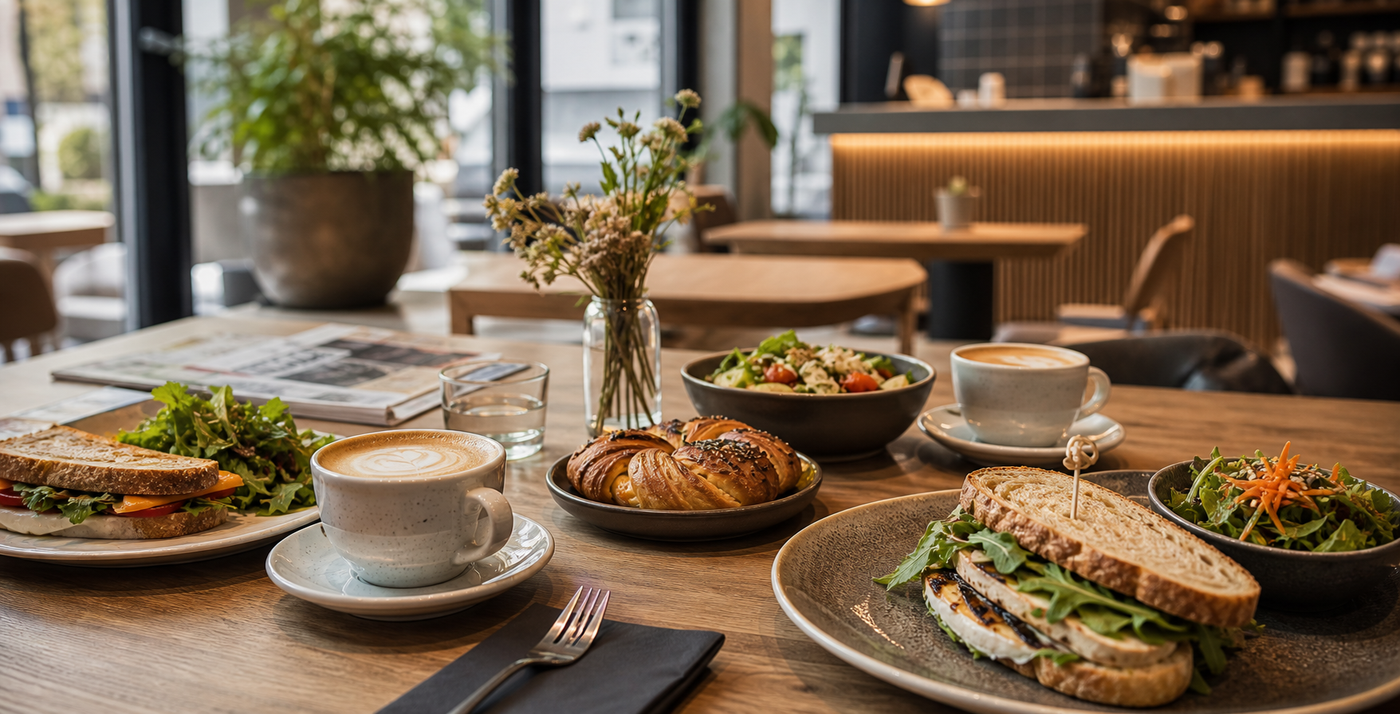 Cafe Lunch mit Sandwiches Salat und Kaffee